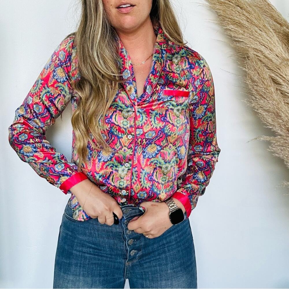 ANTHROPOLOGIE ELOISE Pink Blue Abstract Print Silky Button Down Blouse PJ Top XS